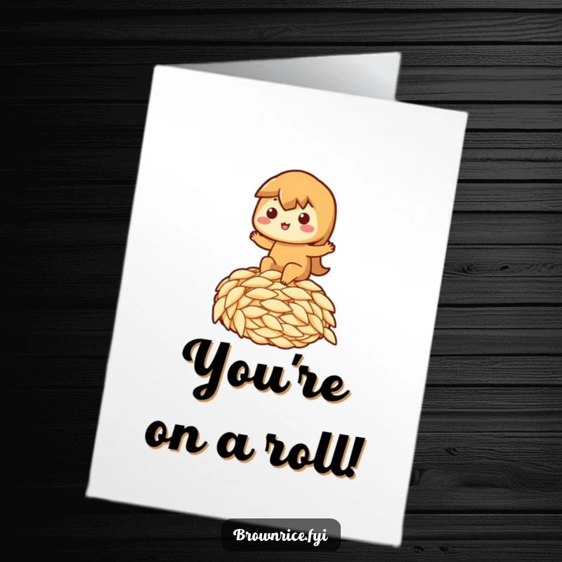 Funny Free Printable Congrats Card: Brown rice character happily riding a huge grain of rice, symbolizing a triumphant journey.