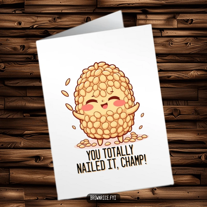 Funny Free Printable Congrats Card: Brown rice character winks while juggling rice grains, showcasing a talented, humorous downloadable.