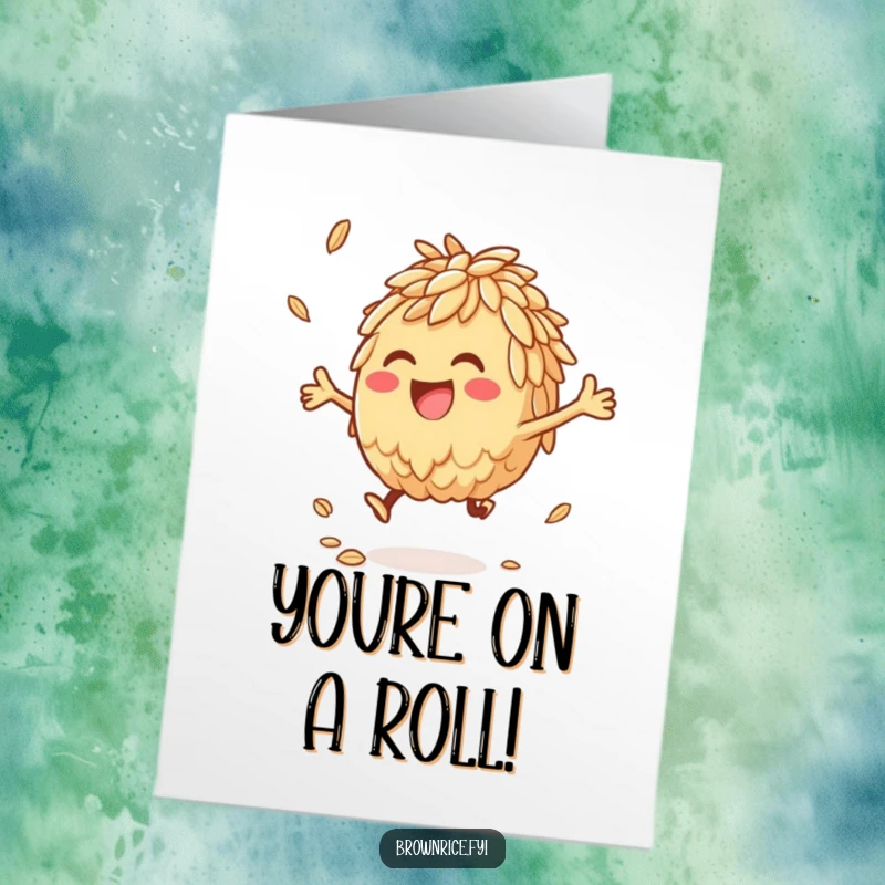 Funny Free Printable Congratulations Card showing a brown rice character gleefully bouncing a grain, a whimsical downloadable message of success.