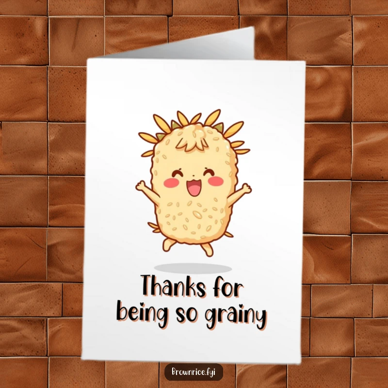 Free Printable Thank You Card: A brown rice character happily bouncing, radiating thanks, a fun DIY gift.