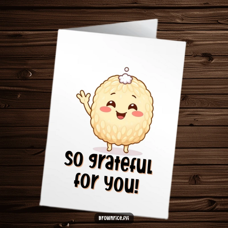 Funny Free Printable Thank You Card: Smiling brown rice grain character waving hello, expressing heartfelt thanks with a touch of humor.