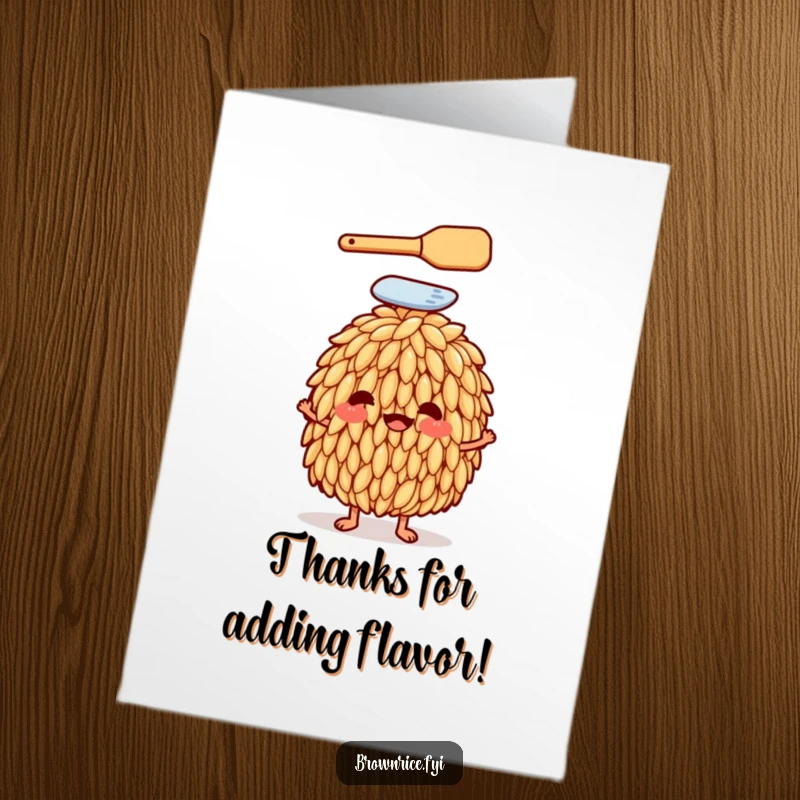 Funny Free Printable Thank You Card: Brown Rice Grain Character with Spatula, Expressing Kitchen Gratitude