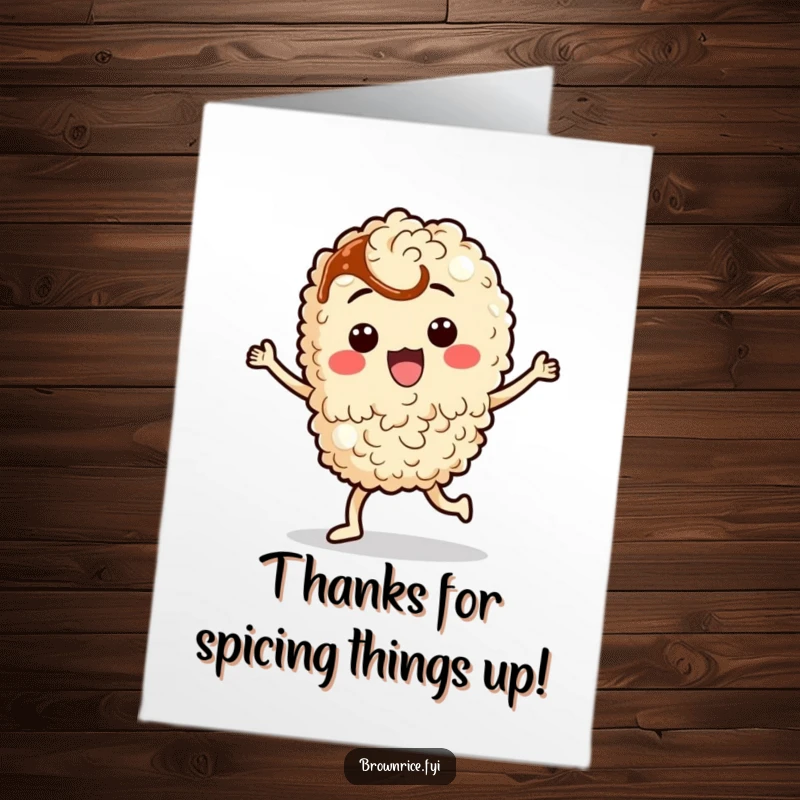 Funny Free Printable Thank You Card: Brown rice character dancing with a dash of soy sauce.