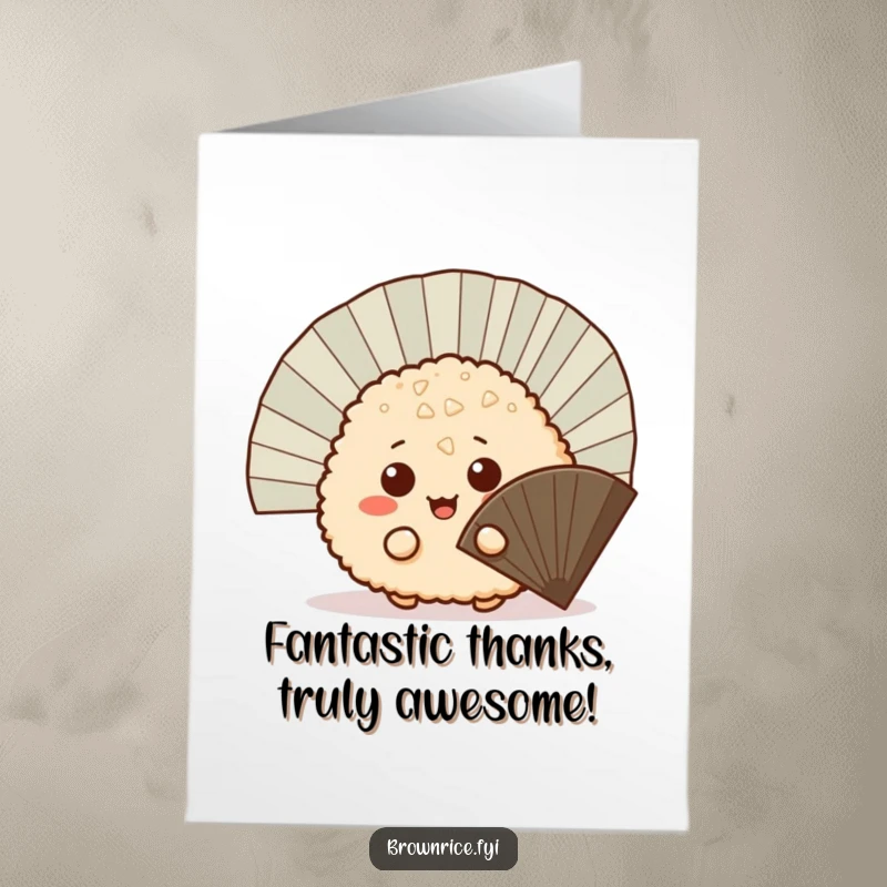 Funny Free Printable Thank You Card: A mischievous brown rice ball peeking from behind a fan, sending thanks. Cute surprise.