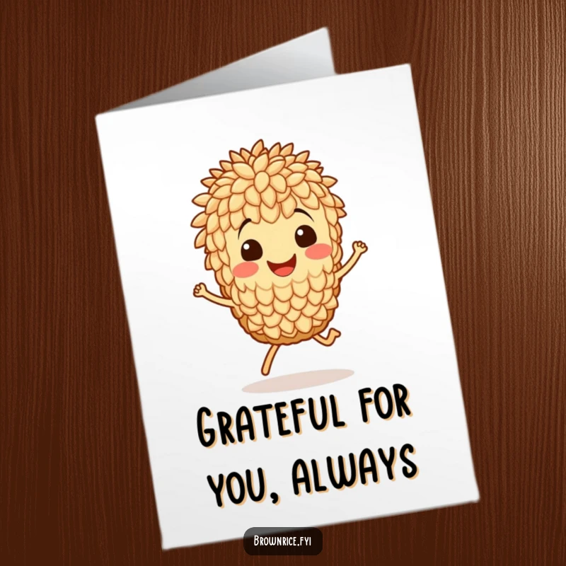 Funny Free Printable Thank You Card: Smiling brown rice grain character hopping with joy to express thanks. A fun downloadable gift.
