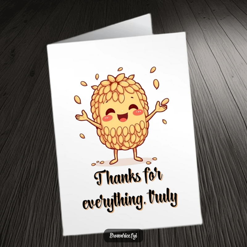 Funny Free Printable Thank You Card: Happy brown rice grain character juggling numerous smaller grains. A fun thank you downloadable.