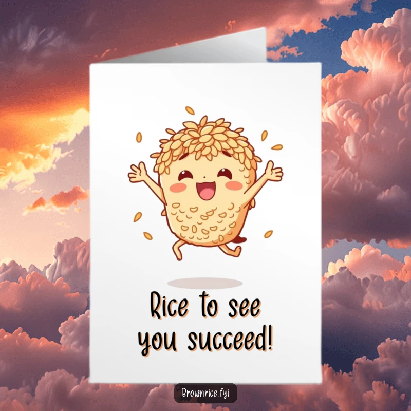 Funny Free Printable Thank You Card: A happy brown rice character is caught mid-air in a joyful celebratory jump.