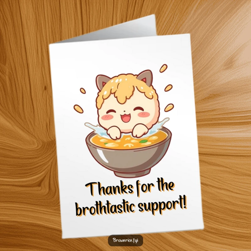 Funny Free Printable Thank You Card: Brown rice character making a cheerful splash in broth.