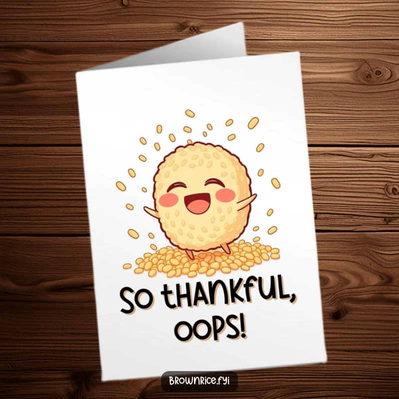 Funny Free Printable Thank You Card: A laughing brown rice character trips, scattering grains in a playful explosion, expressing thanks.