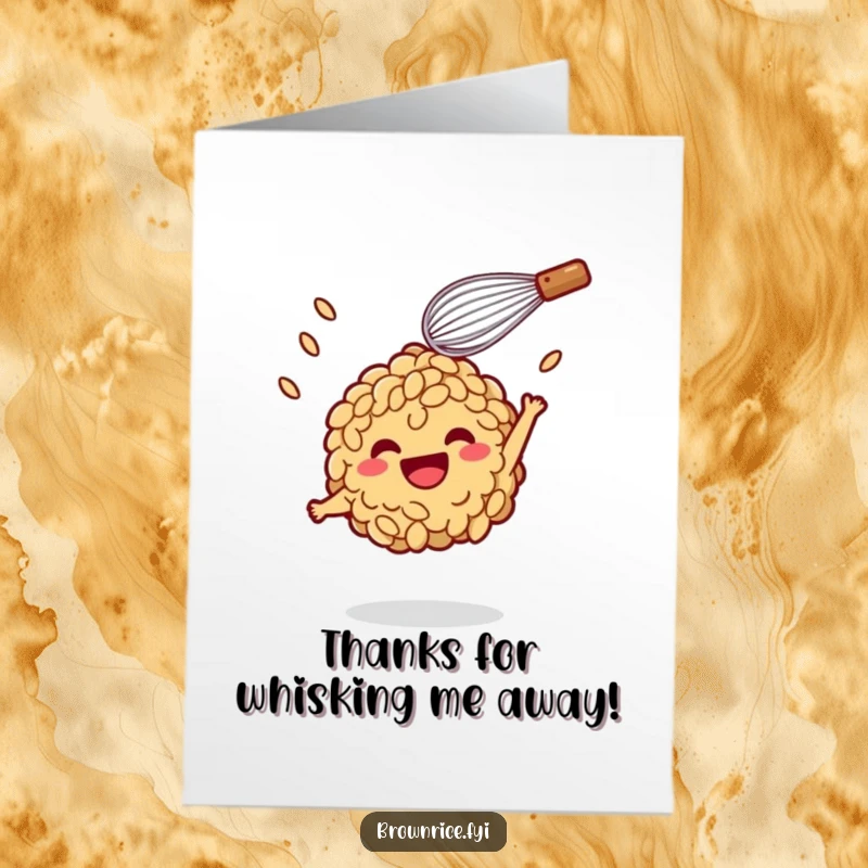 Funny Free Printable Thank You Card: Whisk playfully tossing a happy brown rice character, expressing thanks.