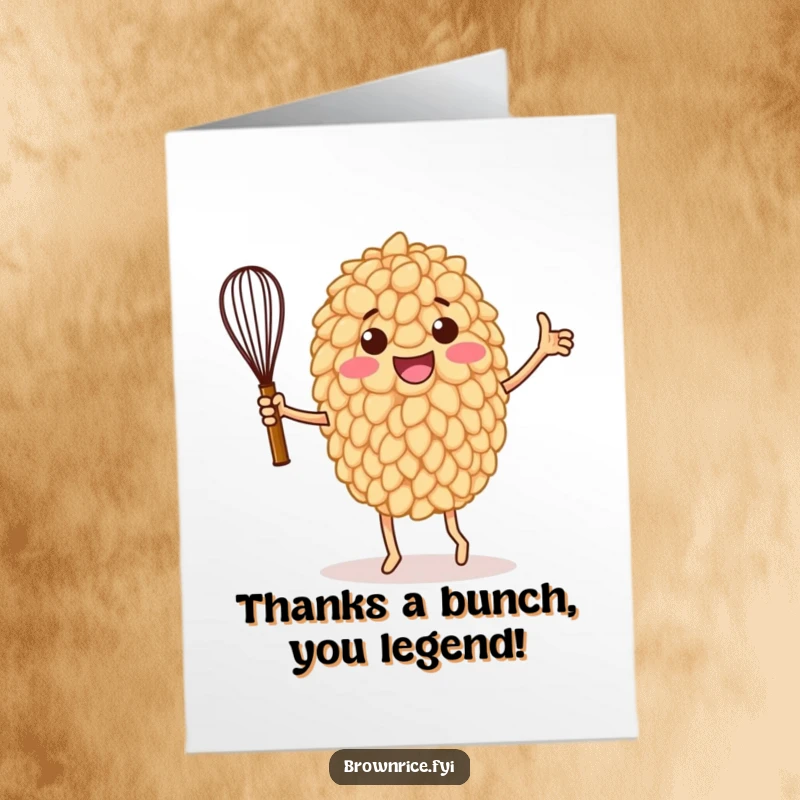 Funny Free Printable Thank You Card: Anthropomorphic rice grain dancing joyfully with a whisk, expressing heartfelt thanks.
