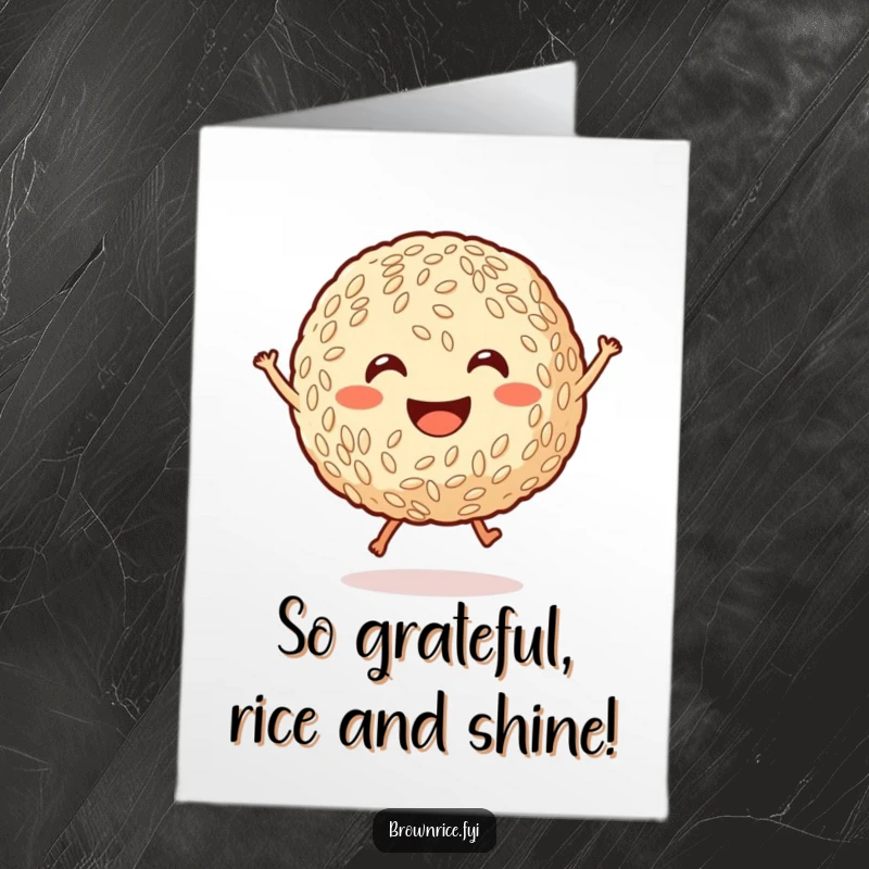Funny Free Printable Thank You Card: A smiling brown rice ball with tiny legs jumping joyfully, showing thanks. Easy to print.