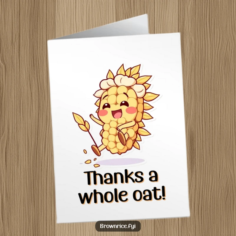 Funny free printable thank you card with a happy oat grain character performing a silly stunt, conveying thanks with energetic, wholesome charm.