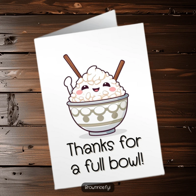Funny Free Printable Thank You Card: A smiling bowl of rice character triumphantly raises chopsticks in a victorious gesture of thanks.