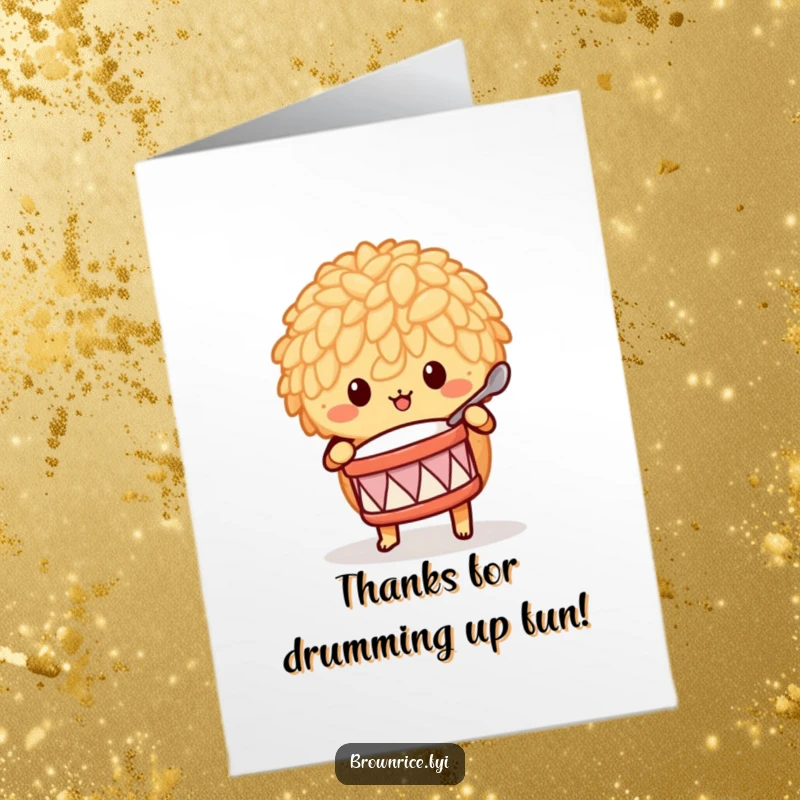 Funny Free Printable Thank You Card: A cheerful brown rice character drumming a thank you beat.