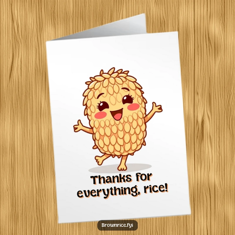 Funny Free Printable Thank You Card featuring a brown rice grain character doing a happy dance of gratitude.