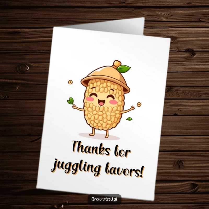 Funny Free Printable Thank You Card: A happy brown rice grain character wearing a hat, juggling sprouts to show thanks.