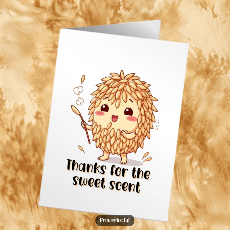 Funny Free Printable Thank You Card: Anthropomorphic rice grain creating a pleasant aroma cloud, symbolizing the delightful scent of sincere gratitude.
