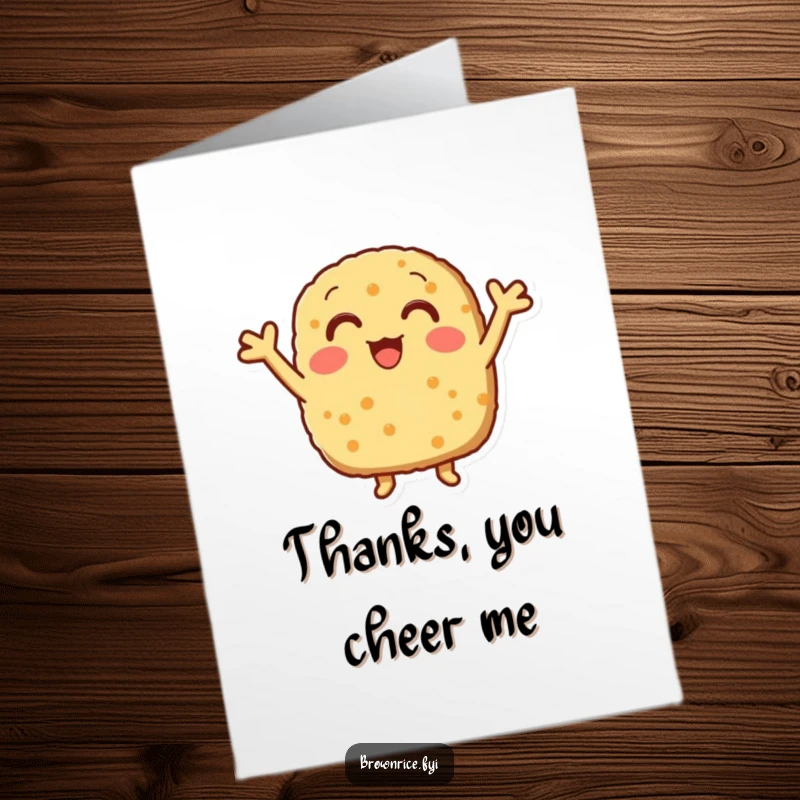 Funny Free Printable Thank You Card: A brown rice patty with little arms giving an enthusiastic cheer of appreciation.