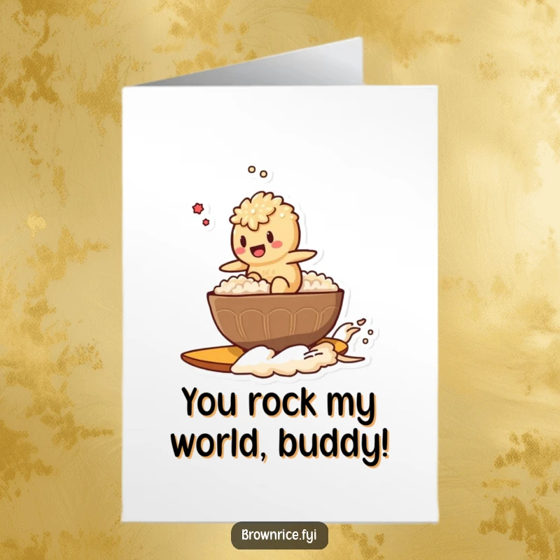 Funny Free Printable Thank You Card: Brown rice character confidently surfing a steaming bowl of rice, conveying thanks.
