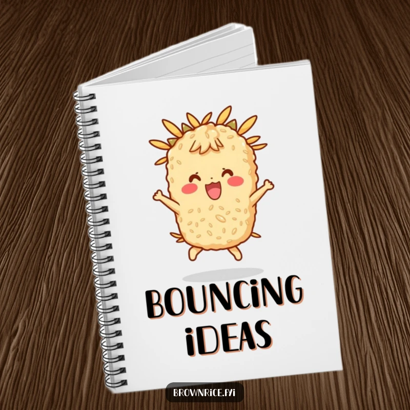 Funny notebook with a happy brown rice character bouncing, perfect for journaling and recipe notes.