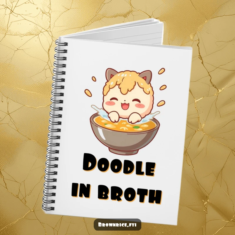 Funny brown rice character splashing in broth, featured on the cover of a humorous notebook.