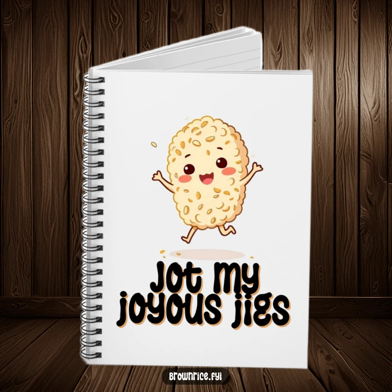 Funny notebook with a brown rice grain character doing a happy, bouncy jig with a sprinkle of sesame, perfect for joyful notes.