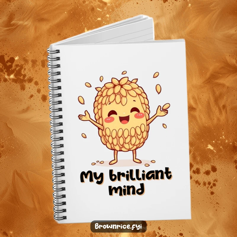 Funny notebook cover showing a happy brown rice grain character juggling smaller grains, promoting organized thought.