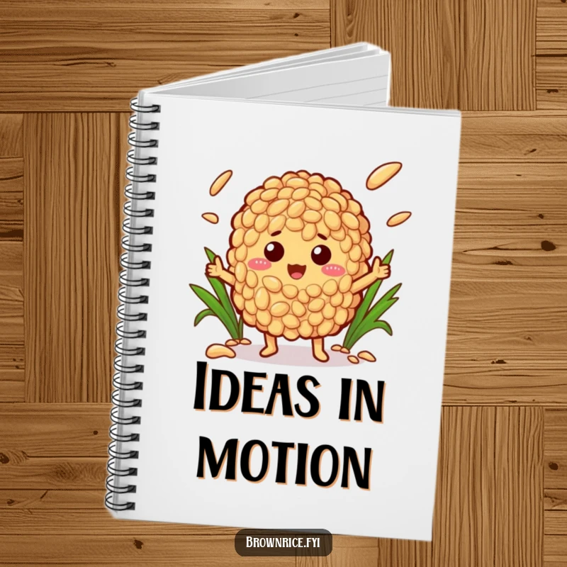 Funny notebook cover showing a brown rice character expertly juggling various grains of rice, ideal for jotting down funny thoughts.