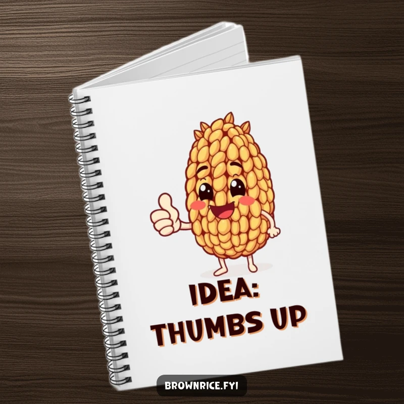 Funny notebook with a brown rice grain character giving an enthusiastic thumbs up, ready to inspire positive notes.