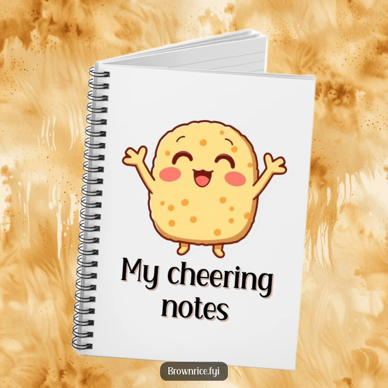 Funny brown rice patty with little arms cheering, on the cover of a lined notebook.