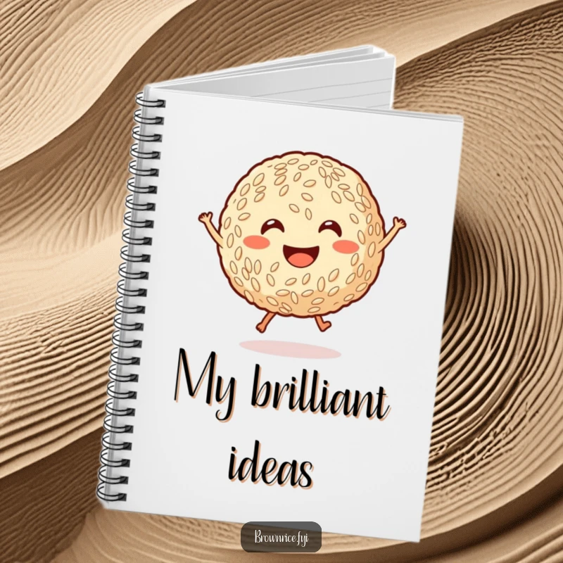 Funny smiling brown rice ball with tiny legs jumping joyfully, a ruled notebook with a cheerful cartoon cover for writing and drawing.