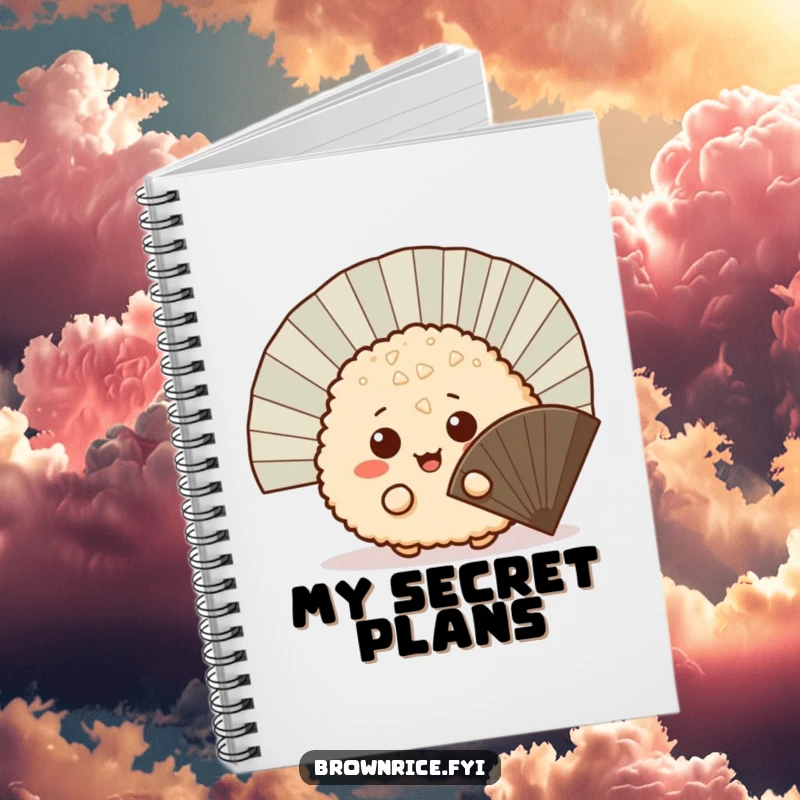 Funny mischievous brown rice ball peeking out from behind a fan, a ruled notebook with a cute and playful cartoon cover.