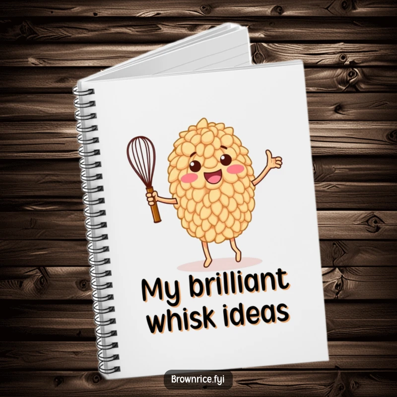 Funny notebook with a brown rice grain character dancing triumphantly with a whisk on the cover, inspiring culinary creativity.