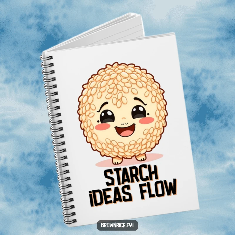 Funny brown rice character with a wide, starchy smile, featured on the cover of a humorous notebook.