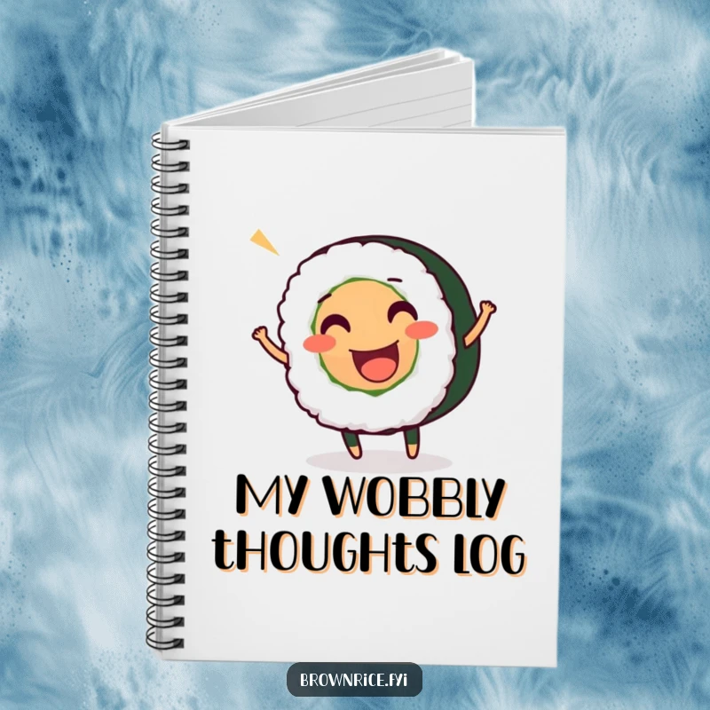 Funny notebook featuring a smiling sushi roll character wiggling with excitement, great for jotting down notes and ideas with flair.