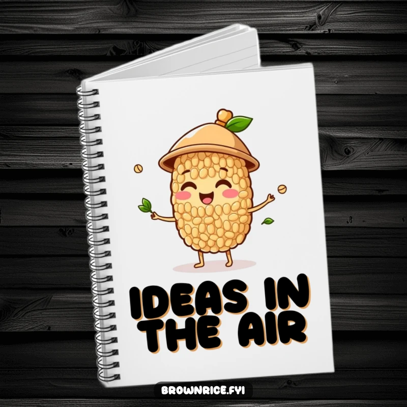 Funny notebook with a happy brown rice grain character in a hat juggling sprouts, perfect for jotting down inspired ideas.