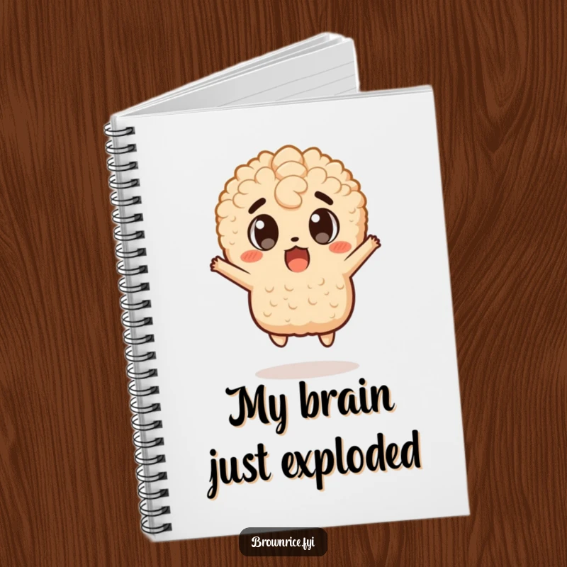Funny notebook cover showing a brown rice character in a surprised, wide-eyed jump, ideal for a funny gift.