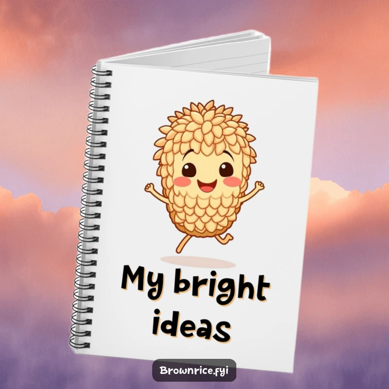 Funny notebook cover showing a smiling brown rice grain character in a joyful hop, inspiring creative writing.