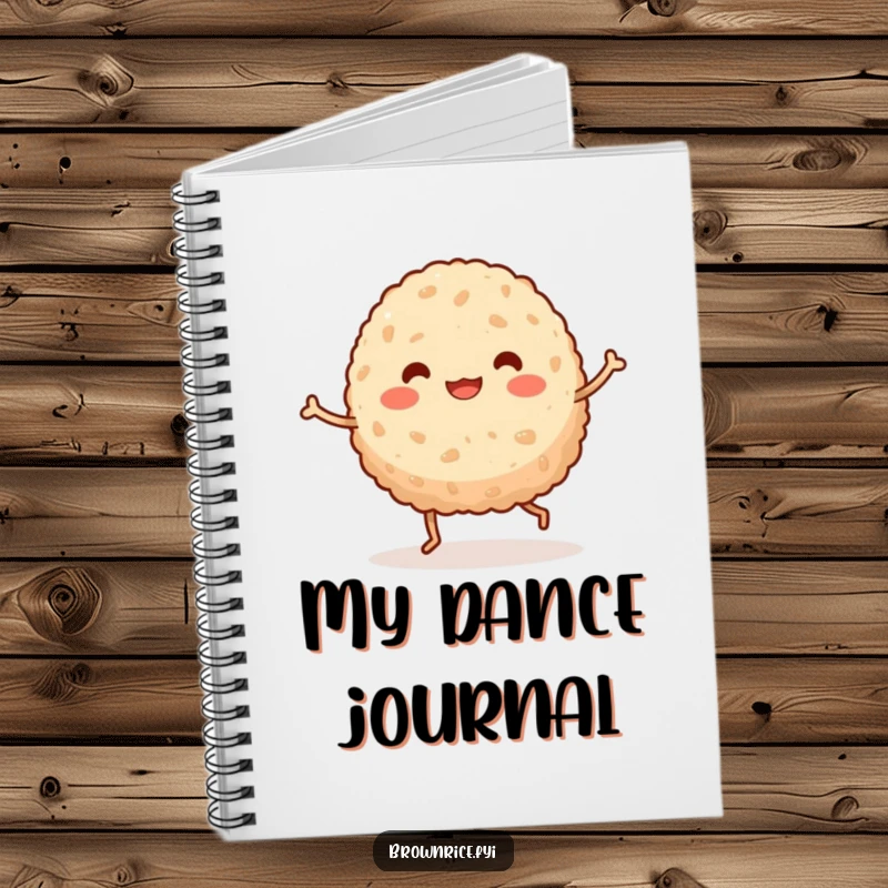 Funny kawaii brown rice ball with tiny legs in a silly dance pose on the cover of a lined notebook.