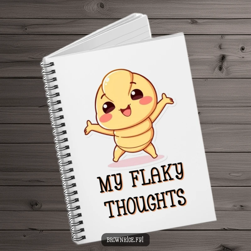 Funny Croissant Notebook with a smiling croissant character playfully stretching, perfect for journaling and creative writing. A charming funny gift.