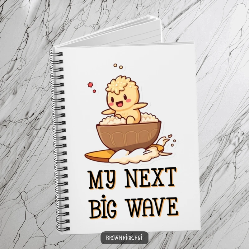 Funny notebook cover with a brown rice character surfing a steaming bowl of rice, perfect for jotting down creative ideas.