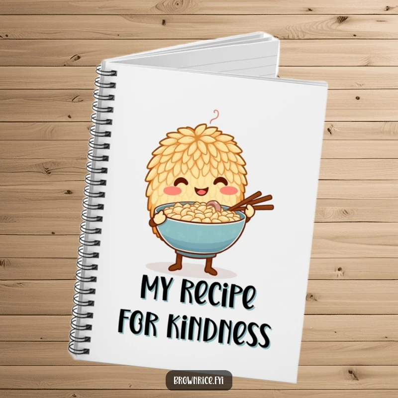 Funny notebook featuring a brown rice grain character offering a steaming bowl, inspiring thoughtful cooking and mindful recipe keeping.