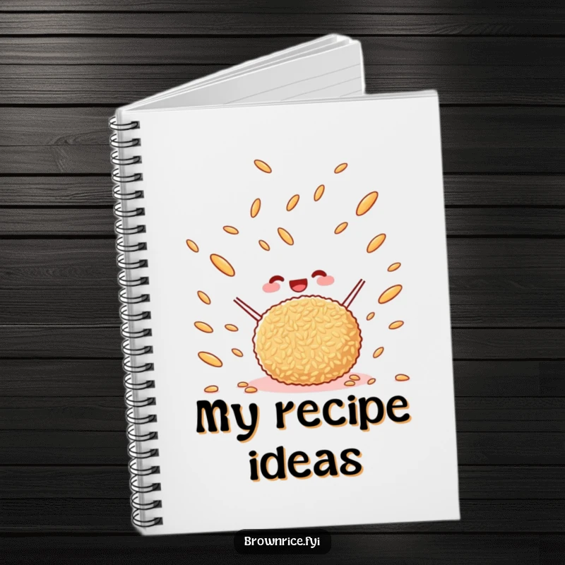 Funny happy brown rice ball tossing brown rice grains in the air, a ruled notebook with a charming cartoon cover.