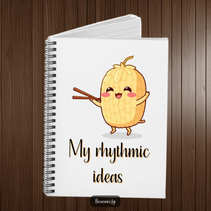 Funny notebook cover showing a cheerful brown rice grain character dancing with chopsticks, inspiring rhythmic notes.