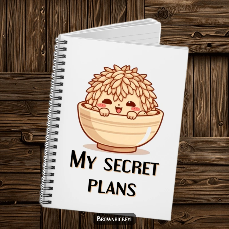 Funny notebook cover showing a mischievous brown rice grain character peeking from a bowl, inspiring playful notes.