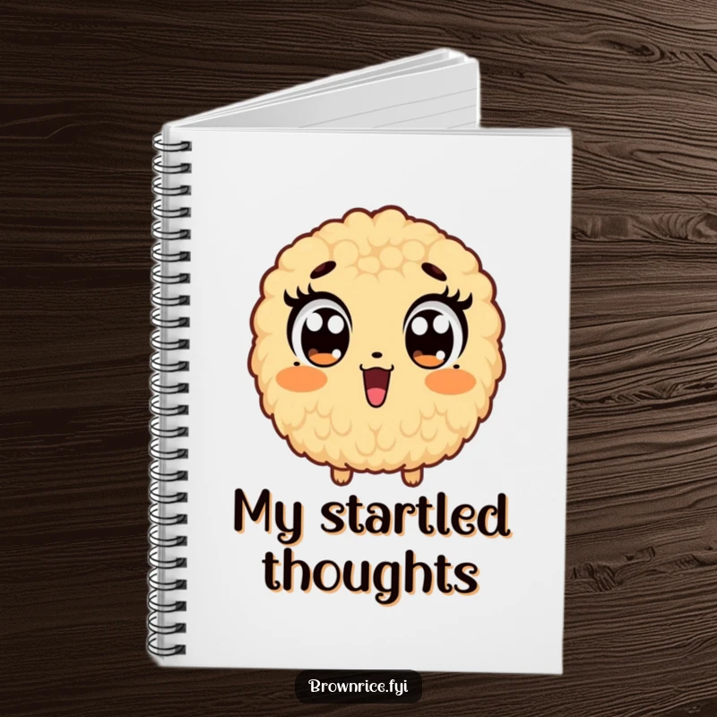 Funny notebook cover showing a brown rice grain character with comically widened eyes, inspiring surprise-filled notes.