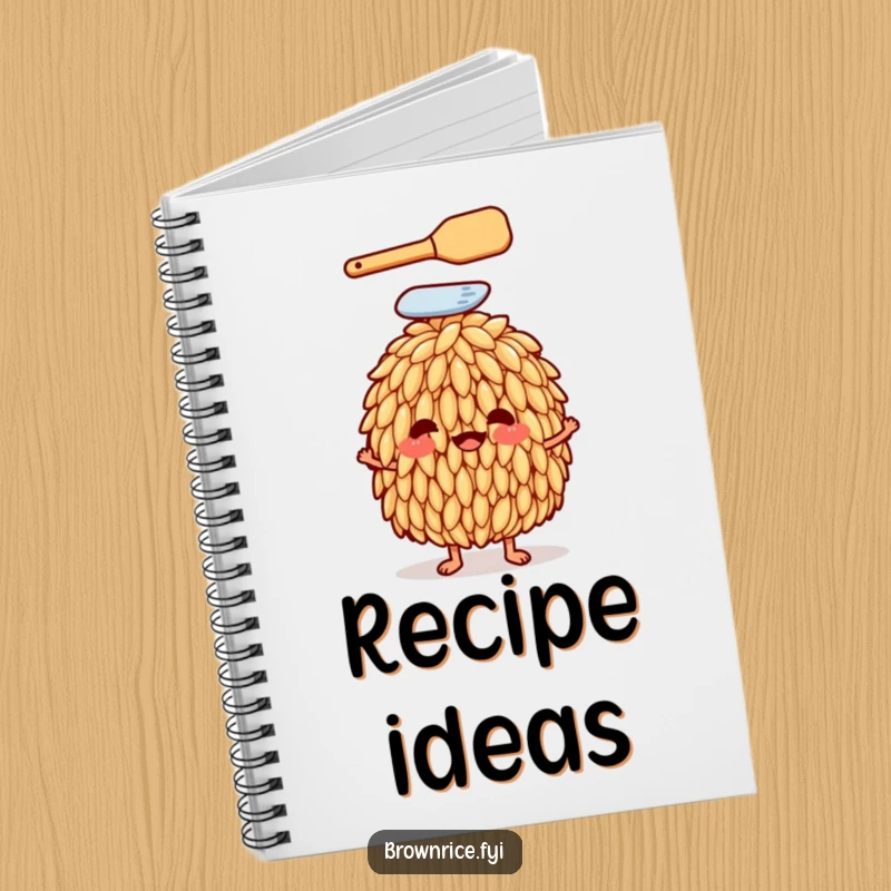 Funny rice grain character with a spatula on its head on a notebook cover, encouraging culinary creativity with humor, a great funny gift.