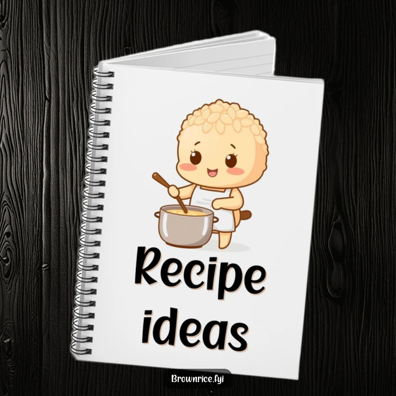 Brown rice character wearing a tiny apron, stirring a pot, featured on a chef notebook.