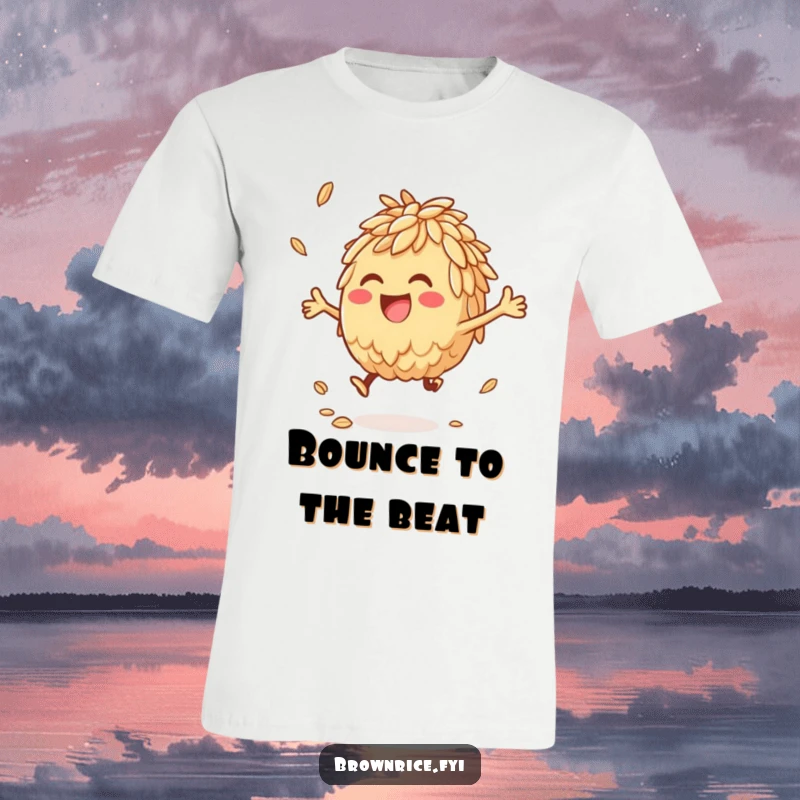 Anthropomorphic brown rice character joyfully bouncing a grain, showcased on humorous foodie apparel.
